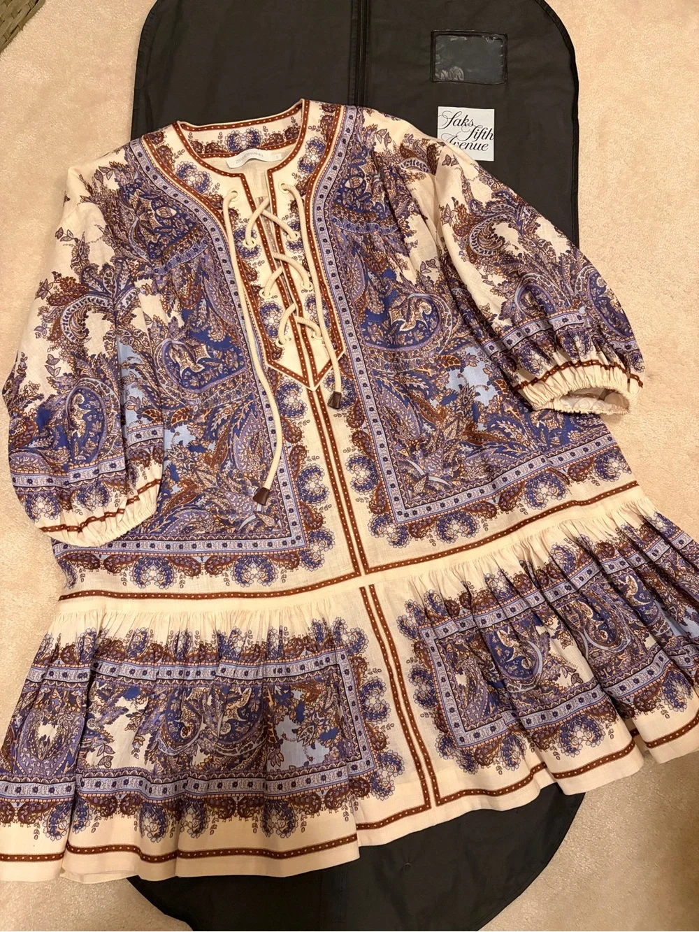 Zimmermann Cream and Blue Paisley Lace-Up Tunic Dress